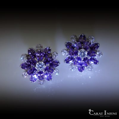 Cluster earrings with amethyst purple and diamond stones